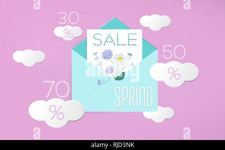 Spring sale floral banner with flowers and paper cut clouds and discount numbers on pink background. Seasonal design of banner, flyer, poster, web Stock Vector