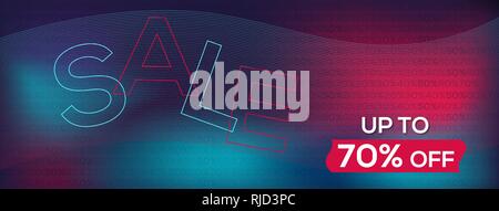Illustration with sale text, about discounts, virtual internet theme, Wavy, geometric background, modern gradient, curved shape, in blue and red hues Stock Vector