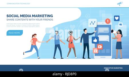 People following a successful social media marketing campaign on a smartphone, business and communication concept Stock Vector