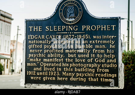 A historic marker from the Alabama Historical Commission is located outside Edgar Cayce's studio on Broad Street, Feb. 14, 2015, in Selma, Alabama. Stock Photo