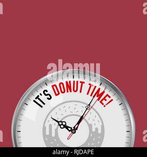 It's Donut Time. White Vector Clock with Motivational Slogan. Analog Metal Watch with Glass. Vector Illustration Isolated on Solid Color Background. D Stock Vector
