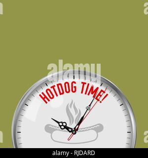 Hotdog Time. White Vector Clock with Motivational Slogan. Analog Metal Watch with Glass. Vector Illustration Isolated on Solid Color Background. Stock Vector