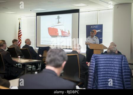 Coast Guard Rear Adm. Michael J. Haycock speaks to members from the American Society of Naval Engineers during their January Technical Program at the Maritime Plaza in Washington, D.C., Wednesday, Jan. 24, 2018. Haycock presented the previous and outstanding initiatives, capabilities, resources, difficulties, and key performance parameters the Coast Guard faces regarding the Coast Guard's polar icebreakers. Coast Guard Stock Photo