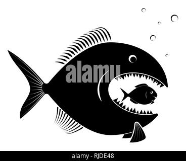 The big predatory fish eats the small defenseless. For an article on business takeover or competition. Black on white. Stock Vector