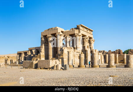 Side view of the ruins of the Temple of Kom Ombo and the Temple of Sobek, an unusual double temple from the Ptolomeic dynasty in Upper Egypt