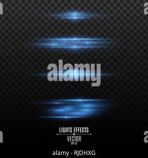Set of blue light effects on a transparent background. Flashes and glares. Neon rays of light. Glowing blurred lines in motion. Vector illustration. E Stock Vector