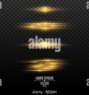 Set of golden light effects on a transparent background. Flashes and glares. Neon rays of light. Glowing blurred lines in motion. Vector illustration. Stock Vector