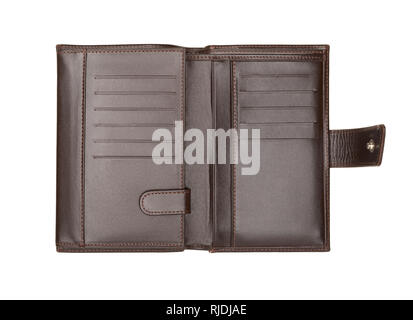 Empty opened brown wallet isolated on white background. Studio shot Stock Photo