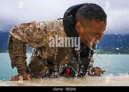 Pfc. Michael Prince, an infantryman with Detachment 4th Force Reconnaissance Company, pulls himself from the water during a run, fin, run training event at Davie Point, Marine Corps Base Hawaii, Jan. 22, 2018. The event consisted of a two km fin and a 2.5 mile run, which had to be completed in less than 90 minutes. The unit’s training program aims to prepare students for the stresses of the Basic Reconnaissance Course by offering a broad, realistic curriculum, challenging them both mentally and physically. Stock Photo