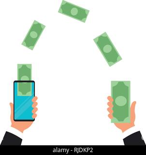 People sending and receiving money wireless with their mobile phones. Hand tapping smart phone with banking payment app. Modern flat style concept Stock Vector