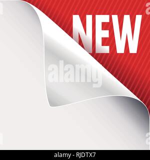 Curled corner of white paper on a red right top angle background. New slogan sign. Vector illustration. Stock Vector