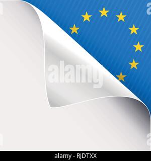 Curled corner of white paper on a blue right top angle background with European Union sign. Vector illustration. Stock Vector