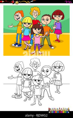 Group of teenager students. Vector black and white coloring page Stock ...
