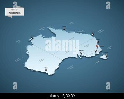 Isometric  3D Australia map vector map illustration with cities, borders, capital, administrative divisions and pointer marks; gradient blue backgroun Stock Vector