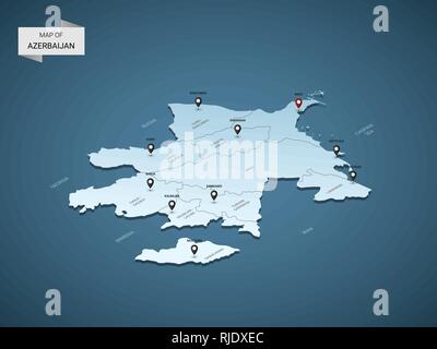 Isometric 3D Azerbaijan map vector map illustration with cities, borders, capital, administrative divisions and pointer marks; gradient blue backgroun Stock Vector
