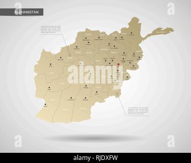 Stylized vector Afghanistan map.  Infographic 3d gold map illustration with cities, borders, capital, administrative divisions and pointer marks, shad Stock Vector