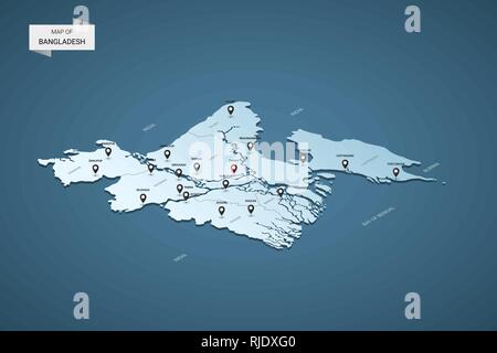 Isometric 3D Bangladesh map,  vector illustration with cities, borders, capital, administrative divisions and pointer marks; gradient blue background. Stock Vector