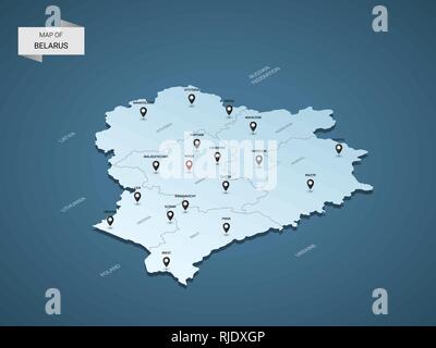 Isometric 3D Belarus map,  vector illustration with cities, borders, capital, administrative divisions and pointer marks; gradient blue background.  C Stock Vector