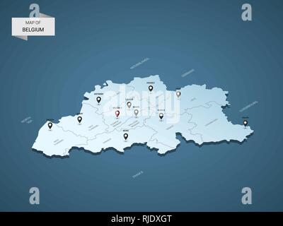 Isometric 3D Belgium map,  vector illustration with cities, borders, capital, administrative divisions and pointer marks; gradient blue background.  C Stock Vector