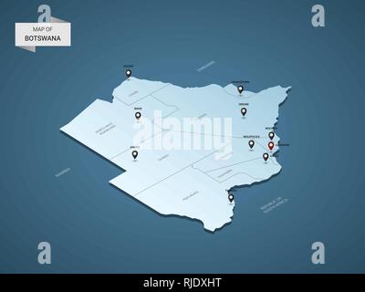 Isometric 3D Botswana map,  vector illustration with cities, borders, capital, administrative divisions and pointer marks; gradient blue background.   Stock Vector