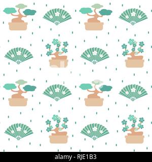 cute oriental seamless vector pattern background illustration with bonsai trees and fans Stock Vector