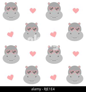 cute cartoon hippo with heart sunglasses seamless vector pattern background illustration Stock Vector