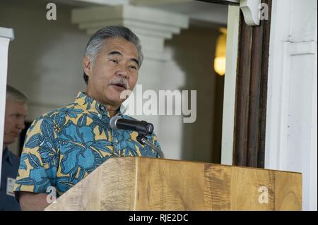 Hawaii state governor David Ige speaks to members in attendance of the 2018 Hawaii Military Affairs Council (MAC) at Washington Place Jan. 12, 2018. This year’s topic included cyber security, protecting Hawaii, private and public partnership and military contracts for future jobs. Stock Photo