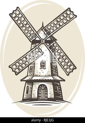 Windmill logo or label. Farm, agriculture, bakery, bread icon. Hand drawn vintage vector Stock Vector