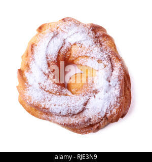 Chocolate and powdered sugar cream puff rings, choux pastry. Isolated on white background. Stock Photo