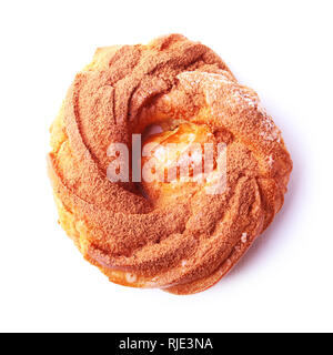Chocolate and powdered sugar cream puff rings, choux pastry. Isolated on white background. Stock Photo