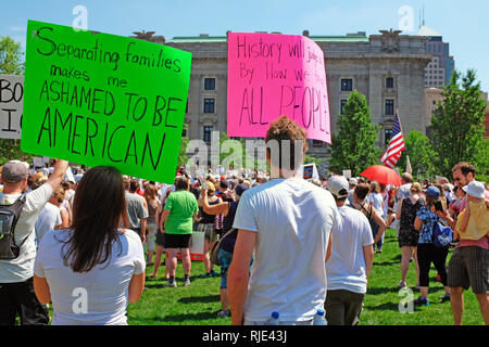 Protesters in Cleveland, Ohio, USA rally against Trump immigration policies separating families at the US border.