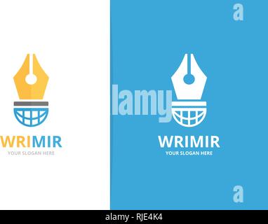 Pen and planet logo combination. Unique law and globe logotype design template. Stock Vector