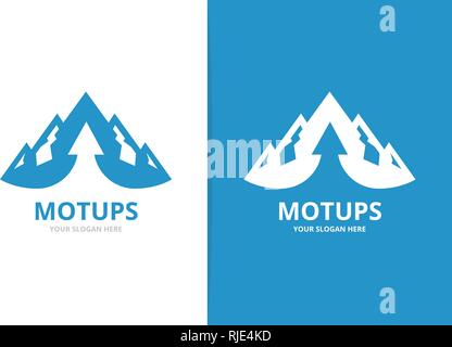 Mountain and arrow up logo combination. Unique hill and upload logotype design template. Stock Vector