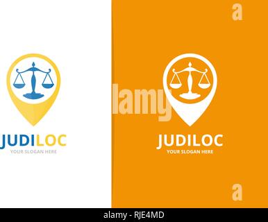 Libra and map pointer logo combination. Unique law and pin logotype design template. Stock Vector