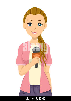 Illustration of a Teenage Girl Reporting Smiling and Holding a Microphone for Interview Stock Photo