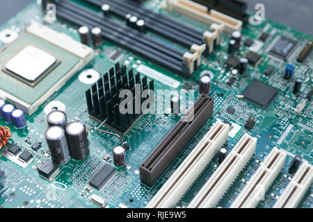 Full Frame Angled View of Computer Motherboard Circuit Stock Photo