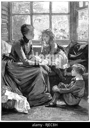 Illustration by Margaret Isabel Dicksee (1858-1903) of a young Victorian mother telling stories to her son and daughter, published in Nister's Holiday Annual 1892. Stock Photo