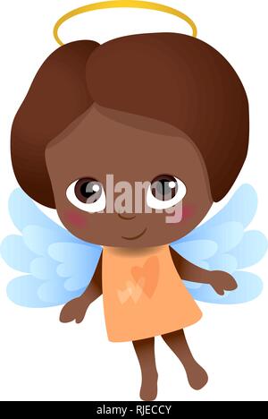 Angel with brown hair in an orange dress with hearts in front, blue wings. Childlike character, suitable for print and web design of cards, banners… Stock Vector