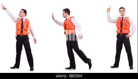 Man in life-jacket isolated on white Stock Photo