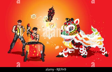 A squatting Chinese lion, firecrackers and a team playing drums and cymbals. In various colors and presented in splashing ink drawing style. Vector. Stock Vector
