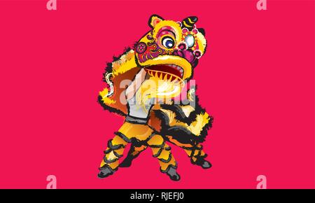 A Chinese lion raising it's head, in various colors and presented in splashing ink drawing style. Vector. Stock Vector