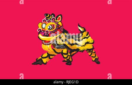 A squatting Chinese lion in various colors and presented in splashing ink drawing style. Vector. Stock Vector