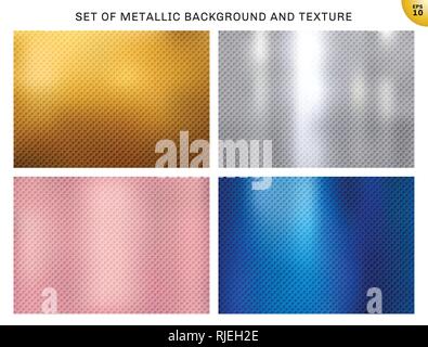 Set of metallic gold, pink gold, silver, blue metal squares pattern texture and background. Golden foil luxury style for brochure, wedding card, poste Stock Vector