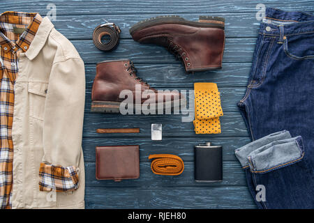 Flat lay with men's clothing, shoes, cigar and accessories on wooden  background Stock Photo - Alamy