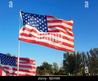 on Thanksgiving Day the flag of the United States of America flies with the wind of freedom and protects families Stock Photo