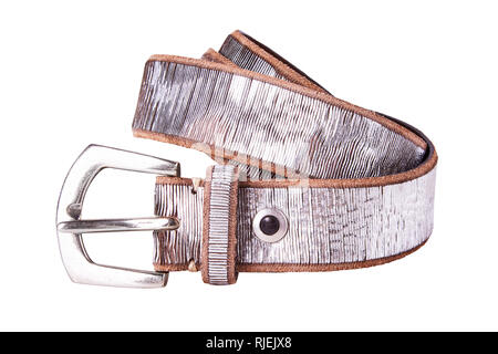 Silver fastened fashionable woman's silver leather belt with dark matted metal buckle isolated on white background Stock Photo