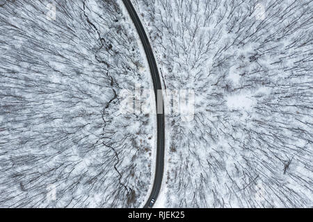 Travel journey concept. Winter winding asphalt road in the forest. Aerial drone above view Stock Photo