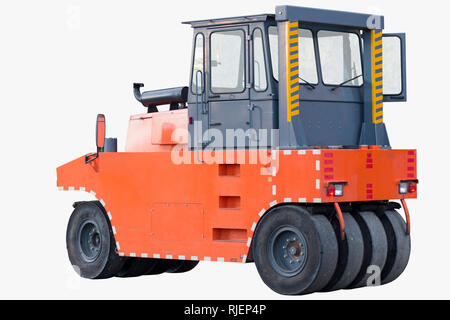 Pneumatic roller, road roller or roller-compactor for building new road, compacting asphalt isolated on white. Road construction, asphalt pavement wor Stock Photo