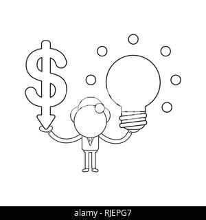 Vector illustration businessman character holding dollar arrow down and glowing light bulb idea. Black outline. Stock Vector