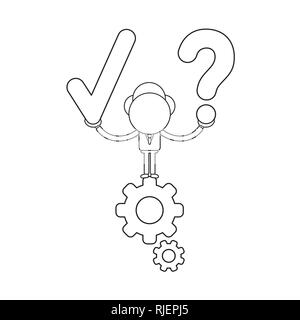 Vector illustration businessman character standing on gears and holding check mark and question mark. Black outline. Stock Vector